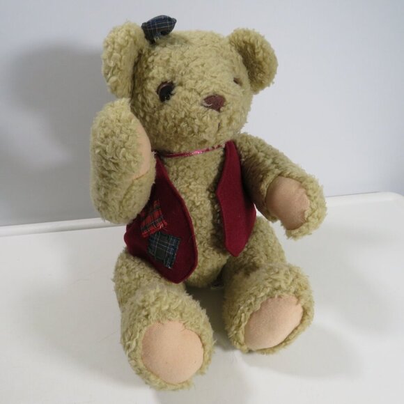 Girl Teddy Bear with sewn plaid hair bow & vest - Picture 1 of 11